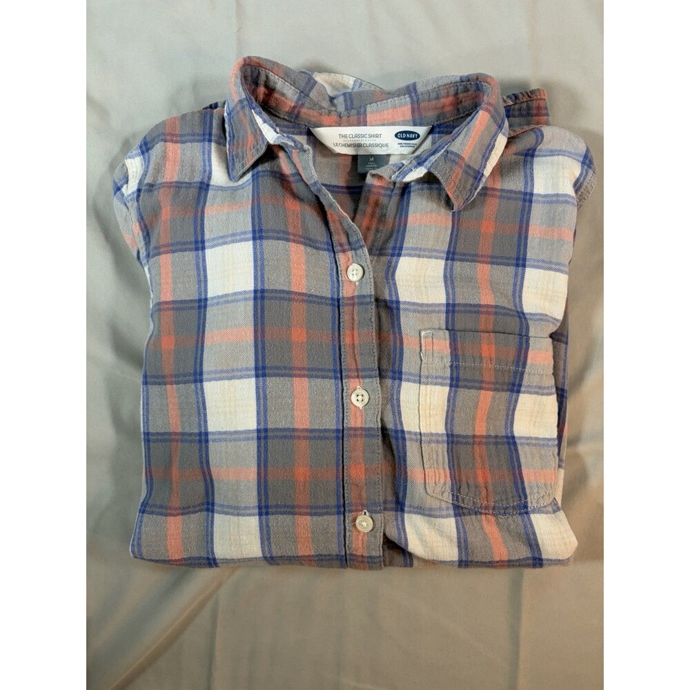 Old Navy Women’s Blue/Grey/Pink Checkered Long Sleeve Flannel Shirt- Size Medium
